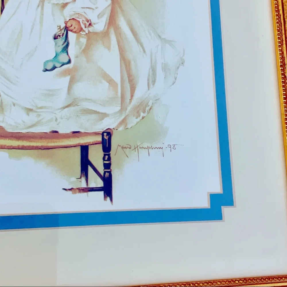 Vintage Maud Humphrey Baby’s first Christmas framed print tree gold frame